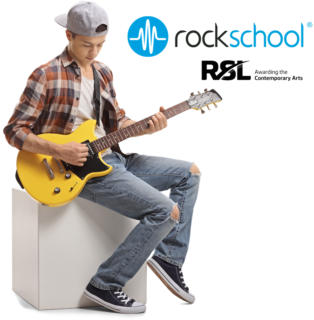 Jovem a tocar guitarra elétrica com os logótipos Rockschool e RSL Awards